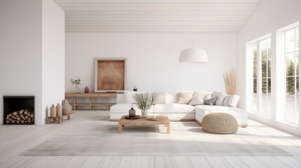 Scandinavian minimal great room with bright white walls organic textures and clean lines.