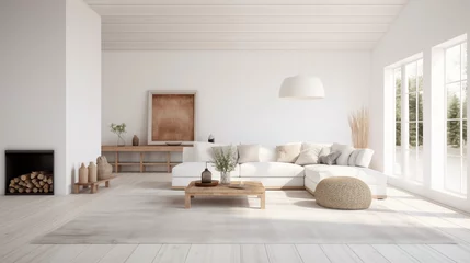 Rideaux tamisants Mur chinois Scandinavian minimal great room with bright white walls organic textures and clean lines.