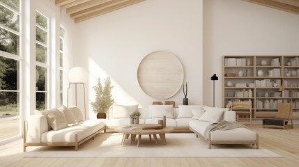 Scandinavian minimal great room with bright white walls organic textures and clean lines.