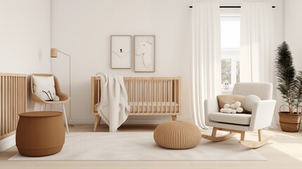 Scandinavian minimalist nursery with light woods woven textures and simple neutral tones.