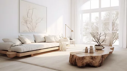 Photo sur Plexiglas Mur chinois Scandinavian minimal great room with bright white walls organic textures and clean lines.