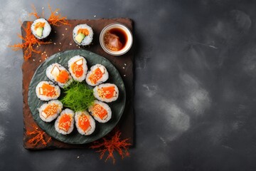 Tasty sushi on a rustic plate against a minimalist or empty room background