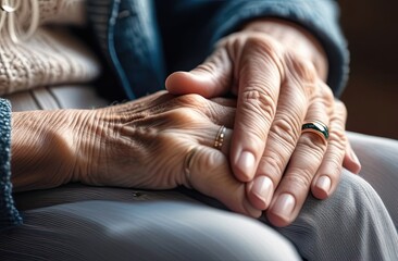 Fototapeta premium Elderly people's hands touching each other, tenderness, care