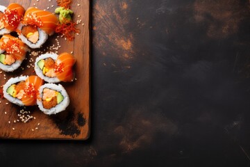 Tasty sushi on a rustic plate against a minimalist or empty room background