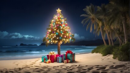 A Christmas palm tree decorated with gifts on a remote beach at night