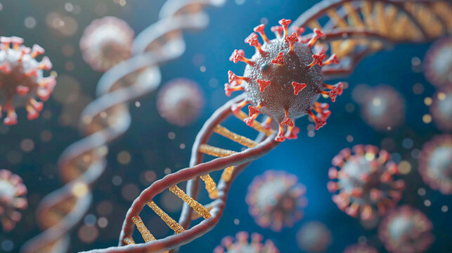 View of Virus and corrupted DNA - Virus particle intertwined with a DNA strand, useful for medical and scientific education and research