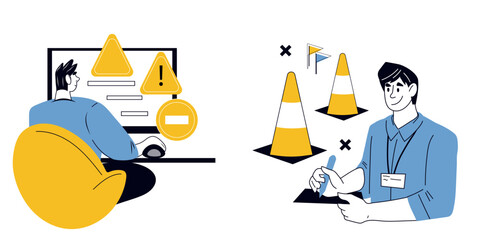 Car driving exam with the help of a qualified instructor and training lessons from a driving school, set of vector banners isolated on background. Driver's license exam.