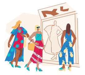 Women shop trendy clothing and fashion design items, flat vector illustration isolated on background. Shopping and fashion themed banner or poster background.