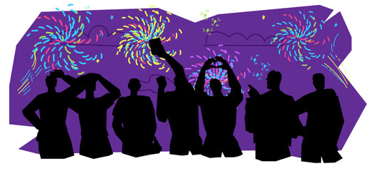 Black shadow silhouettes of people watching fireworks, cartoon vector illustration isolated on background. A crowd of people celebrating festive event or national holiday with fireworks.