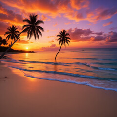 Sunset at a tropical beach. Palm trees on sandy island in the ocean