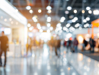 Beautiful blurred background of a bright exhibition hall with people in the background and nice lighting. - obrazy, fototapety, plakaty