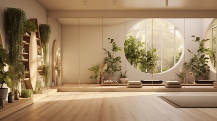 Serene home yoga studio with integrated dressing area mirrors and abundant plants. - obrazy, fototapety, plakaty