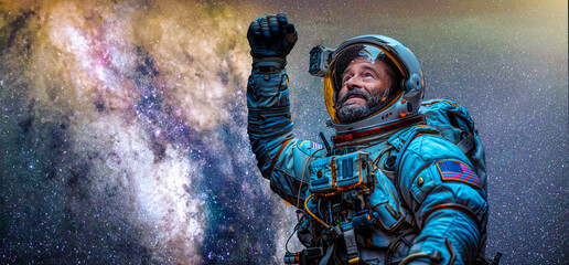 A man in a space suit is waving his hand in the air. The background features a galaxy with stars and a large white cloud. - Powered by Adobe