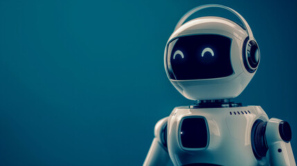 Happy Personal Assistant Robot - Blue backdrop, embodying the friendly face of AI technology, with space for text