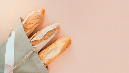 fresh baguette on isolated pastel background copy space