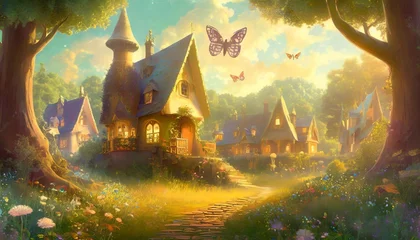 Poster illustration of a fantasy village in a magical forest landscape with whimsical houses and fairies © Dayami