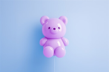 A glossy purple inflated bear balloon on a blue background, minimalist style, space for signature. Copy space.	
