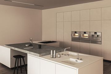 Close-up view of a contemporary kitchen interior with built-in appliances