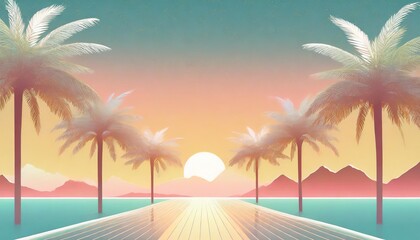vaporwave synthwave retro style neon landscape background with palms sunset
