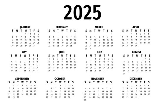 Classic vector calendar for 2025. Printable calendar layout.
