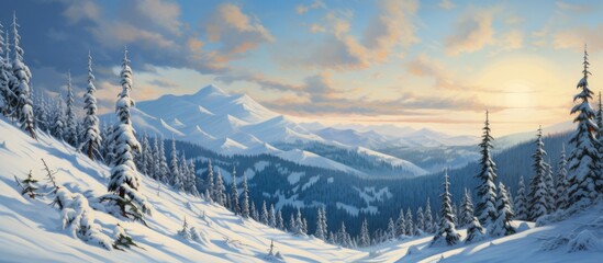 A picturesque painting of a snowy mountain landscape with trees, mountains, and a cloudy sky in the...