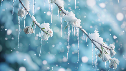 Icicles hang from the branches of a snow-covered tree, each icicle detailed and clear against a softly blurred, wintry blue background. The scene exudes a cold, crisp, winter atmosphere - obrazy, fototapety, plakaty