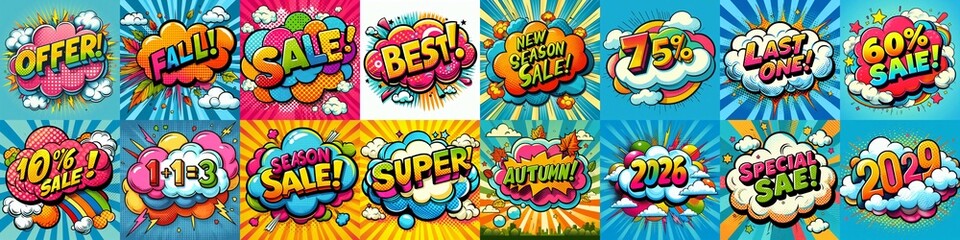 Fototapeta premium Sale stickers pop art style. AI generated illustration