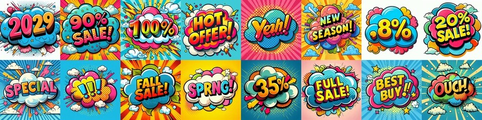 Sale stickers pop art style. AI generated illustration