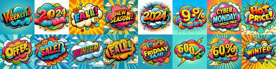 Sale stickers pop art style. AI generated illustration