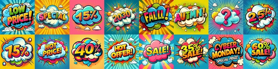 Sale stickers pop art style. AI generated illustration