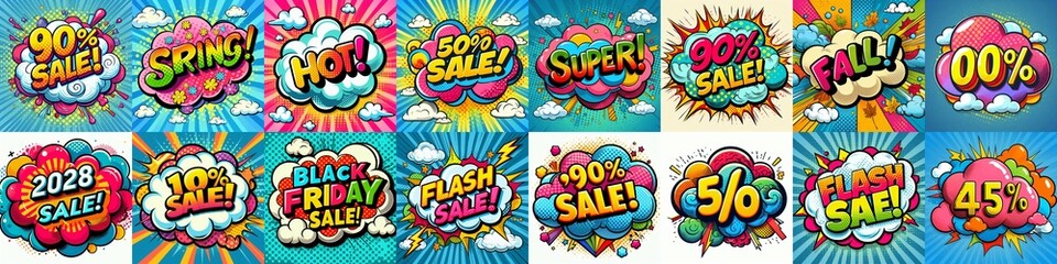 Fototapeta premium Sale stickers pop art style. AI generated illustration
