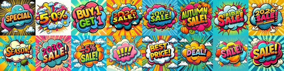 Sale stickers pop art style. AI generated illustration