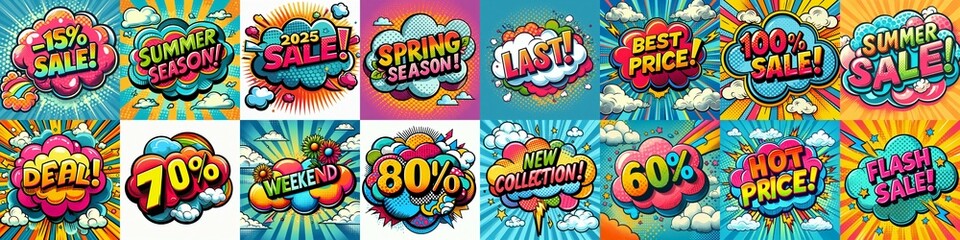 Fototapeta premium Sale stickers pop art style. AI generated illustration