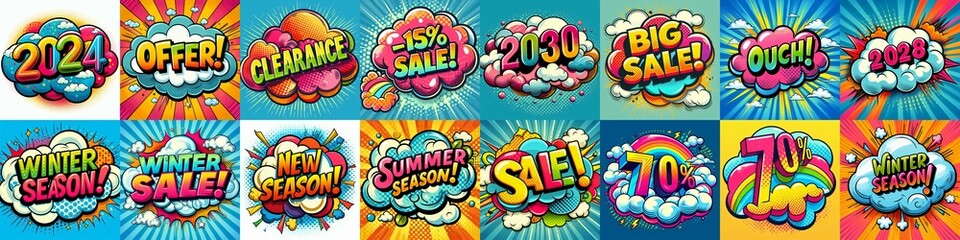 Fototapeta premium Sale stickers pop art style. AI generated illustration