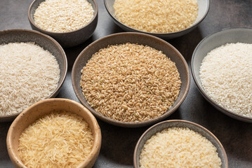 Various raw rice in bowls. Side view, selective focus. - 767279964