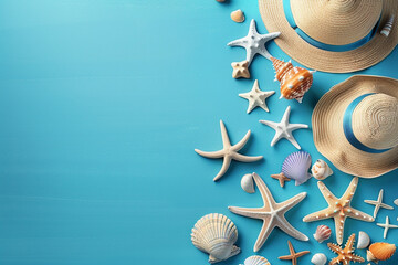 blue background with beach vacation symbols