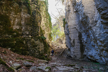 Cave, high rocky, steep walls. Dry canyon, on a sunny spring day. Beautiful landscape, travel concept. 