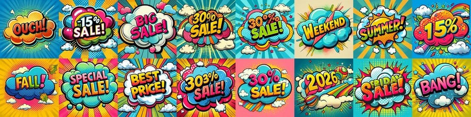 Fototapeta premium Sale stickers pop art style. AI generated illustration