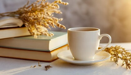 Obraz na płótnie Canvas white ceramic cup with handle for coffee and tea without saucer white ceramic mug dry flowers and stack of books on light background