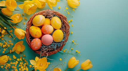 Easter eggs in basket on colored table with yellow Tulips. Natural dyed colorful eggs background top