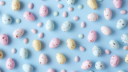 Pastel coloured Cadburys mini eggs. Amongst the eggs are little tiny pea size baby rabbits. Flat lay on a pale blue background
