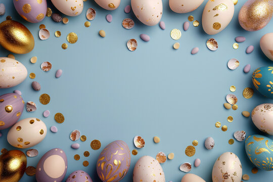  top view, light solid background, frame from painted eggs blue and golden colors, easter concept, studio light 