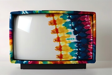 Retro-style television set with tie-dye pattern, blank and turned off, neutral background