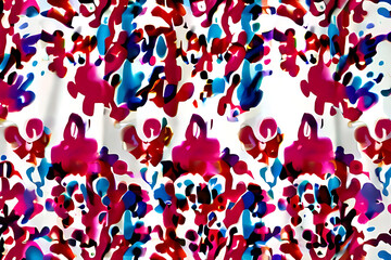 Fabric with abstract pattern of paint splatters in red, blue, and black on white backdrop