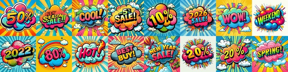 Sale stickers pop art style. AI generated illustration