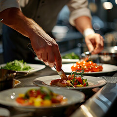 preparing a meal, focus on plate, modern restaurant setting, mostly vertical composition - obrazy, fototapety, plakaty