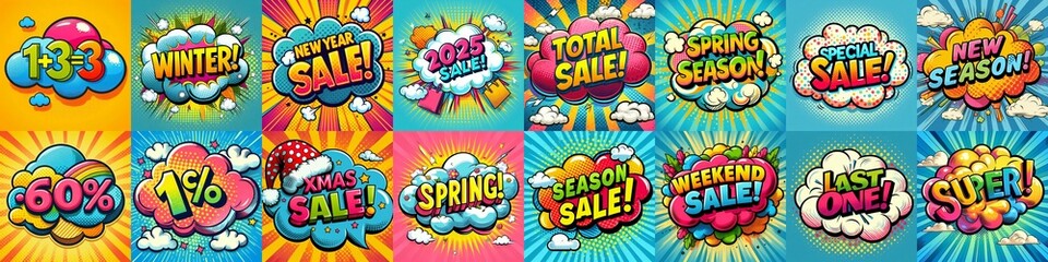 Fototapeta premium Sale stickers pop art style. AI generated illustration