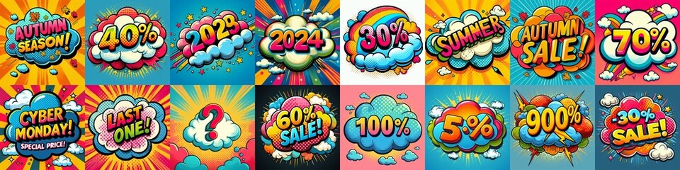 Fototapeta premium Sale stickers pop art style. AI generated illustration