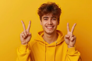 A young man wearing a yellow hoodie is holding up a peace sign gesture. - obrazy, fototapety, plakaty