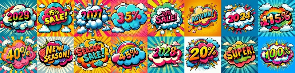 Fototapeta premium Sale stickers pop art style. AI generated illustration